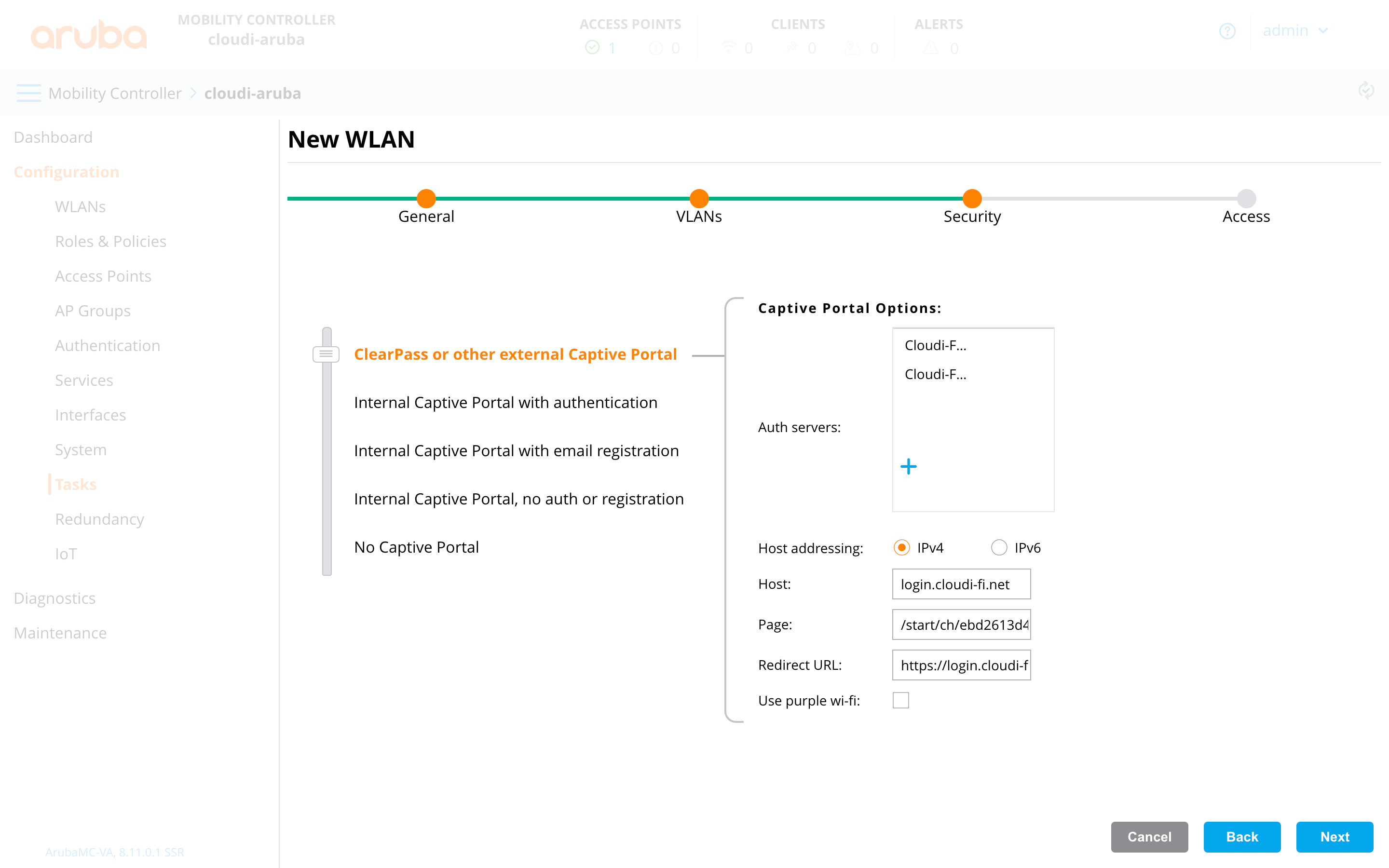 Aruba Mibility Controller UI - WLAN captive portal security configuration