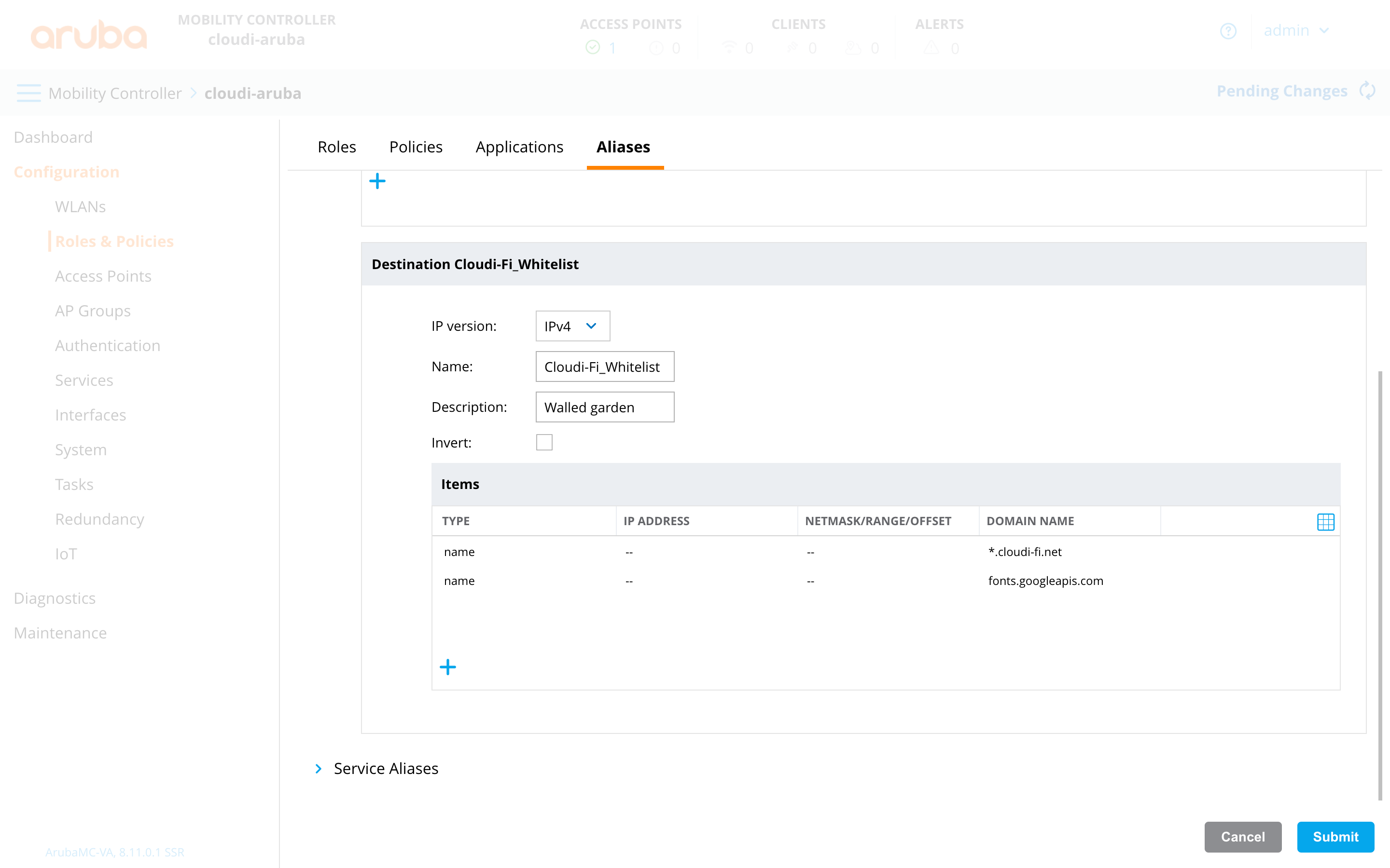 Aruba Controller interface: Configure walled garden