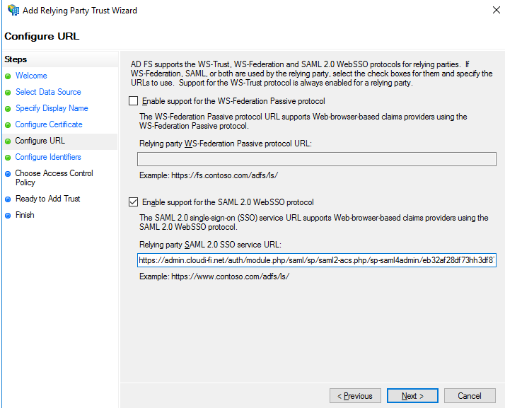 ADFS Server - add Relying party SAML 2.0 SO service URL