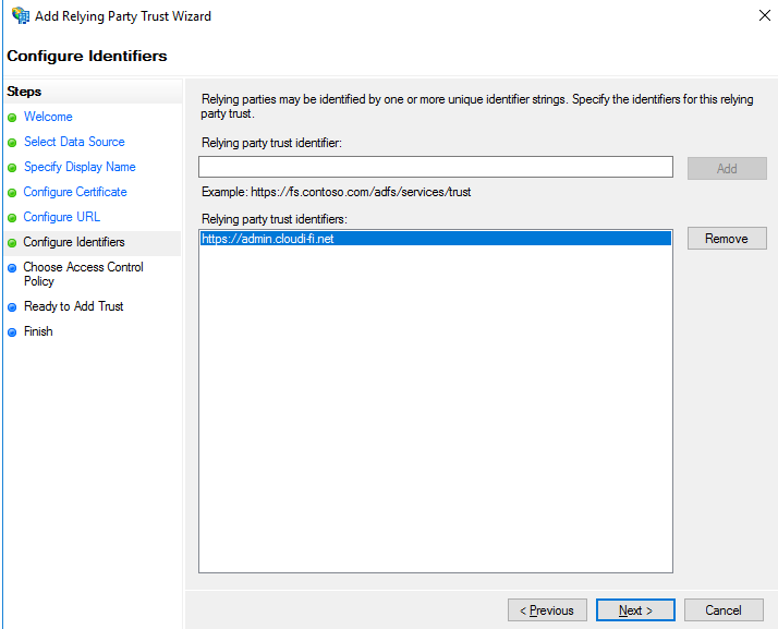 ADFS - add Relying party trust identifiers