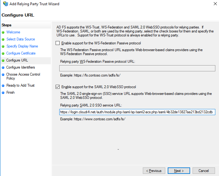 ADFS Server - add Relying party SAML 2.0 SO service URL