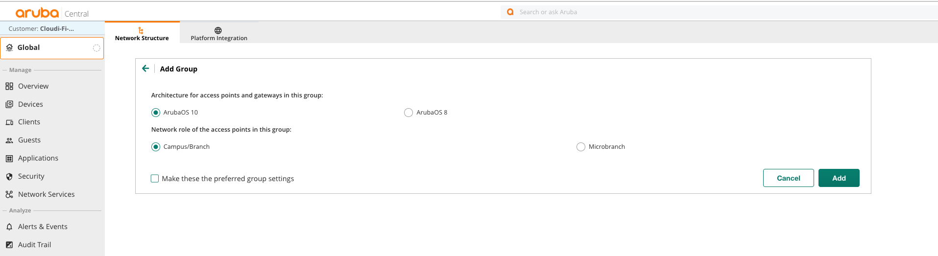 Aruba Central UI - Create a new AP Group