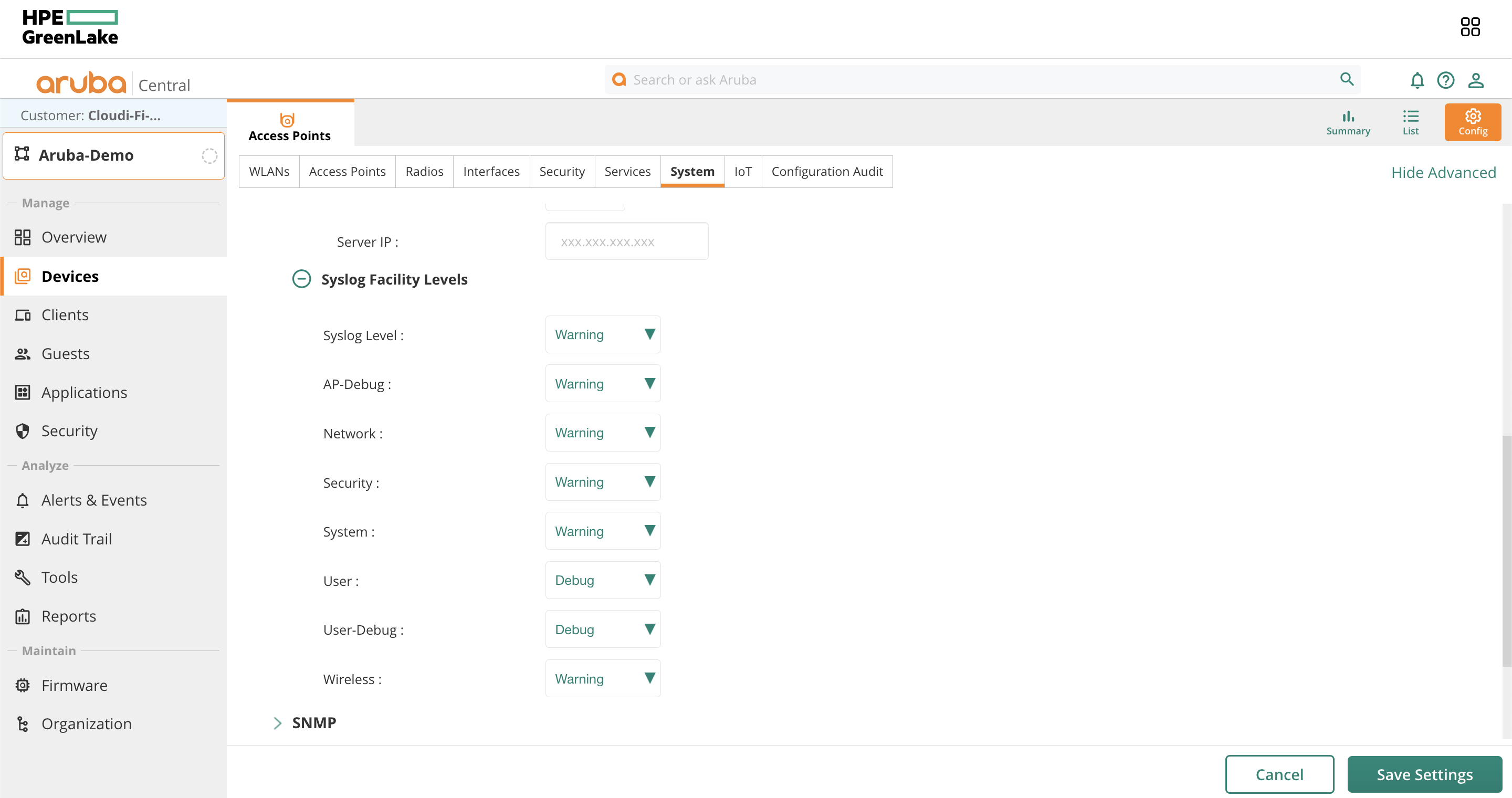 Aruba central - Syslog facility for Cloudi-Fi