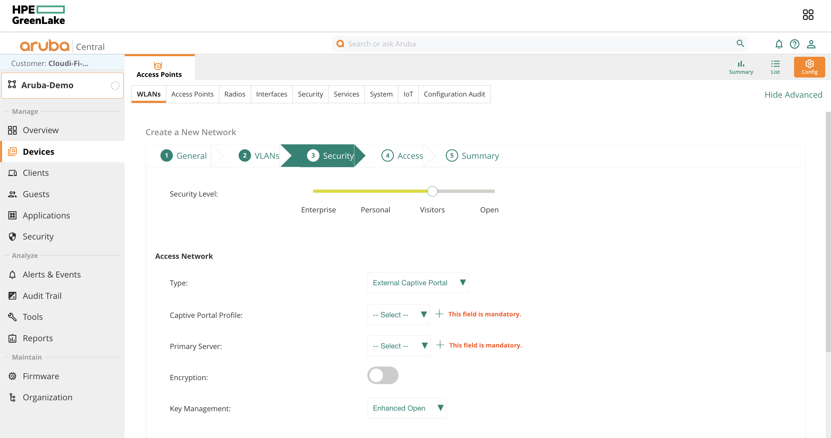 Aruba central console - Security level for captive portal