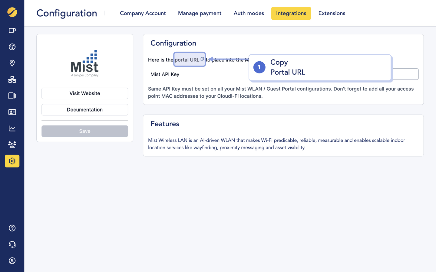 Juniper MIST deployment-In-Cloudi-Fi console-Copy-Portal URL