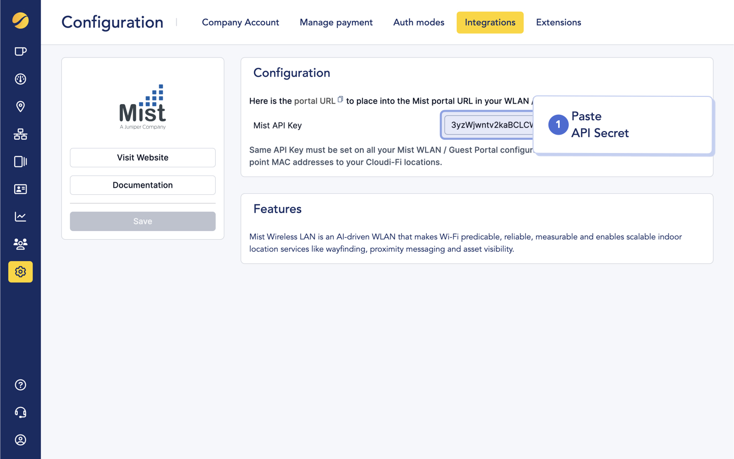 Juniper MIST deployment-API-Secret-In-Cloudi-Fi console
