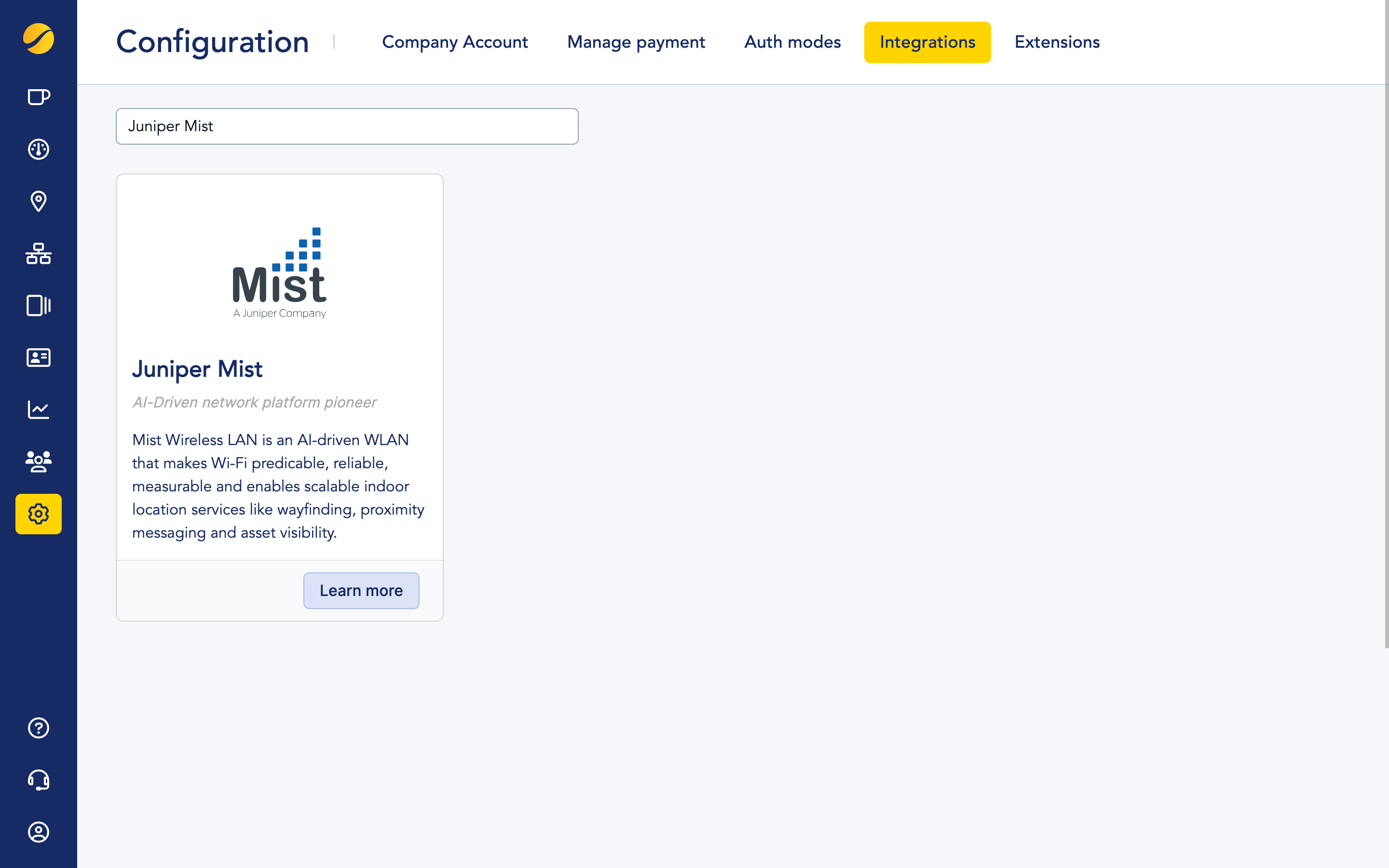 Juniper MIST deployment-In Cloudi-Fi choose MIST (Juniper) Integration