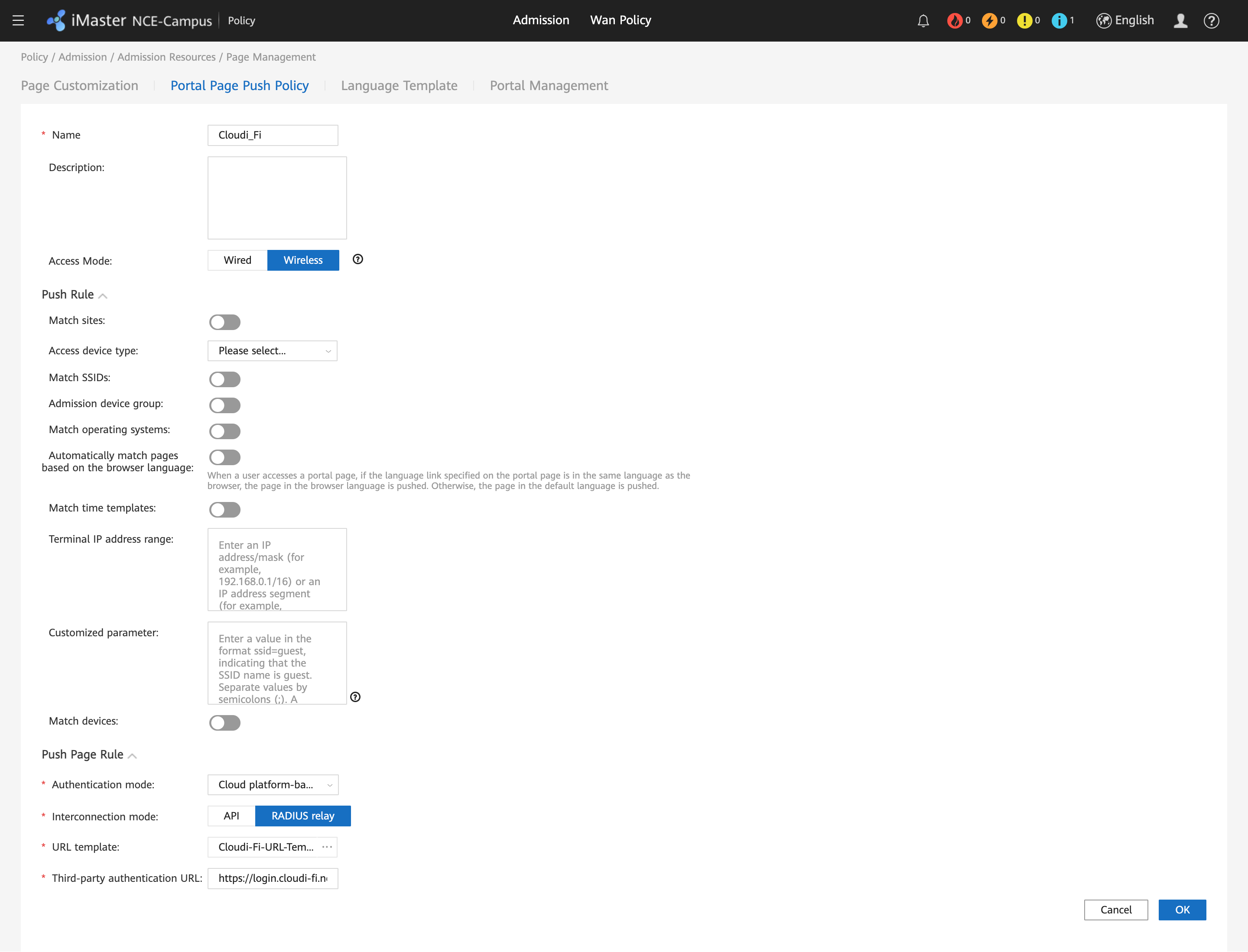 Huawei NCE-Campus - Create Cloudi-Fi Portal Page Push Policy
