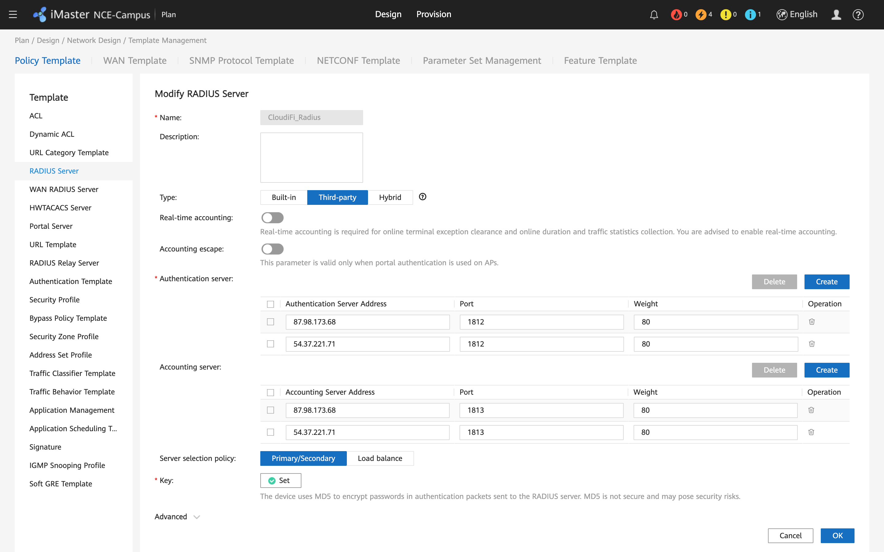 Huawei NCE-Campus UI - Configure Cloudi-Fi Radius servers.png
