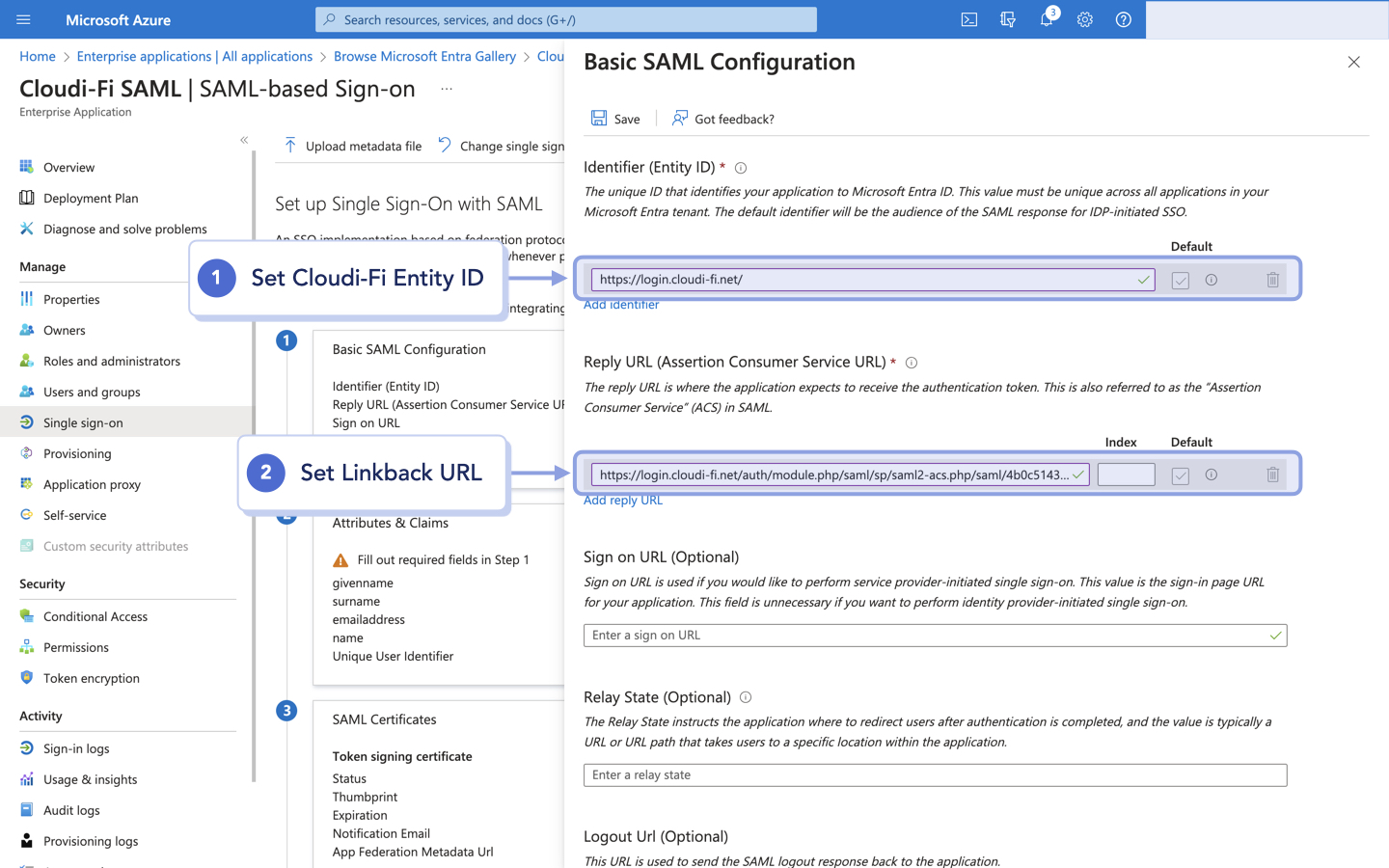Azure UI - Set Cloudi-Fi saml information.jpeg