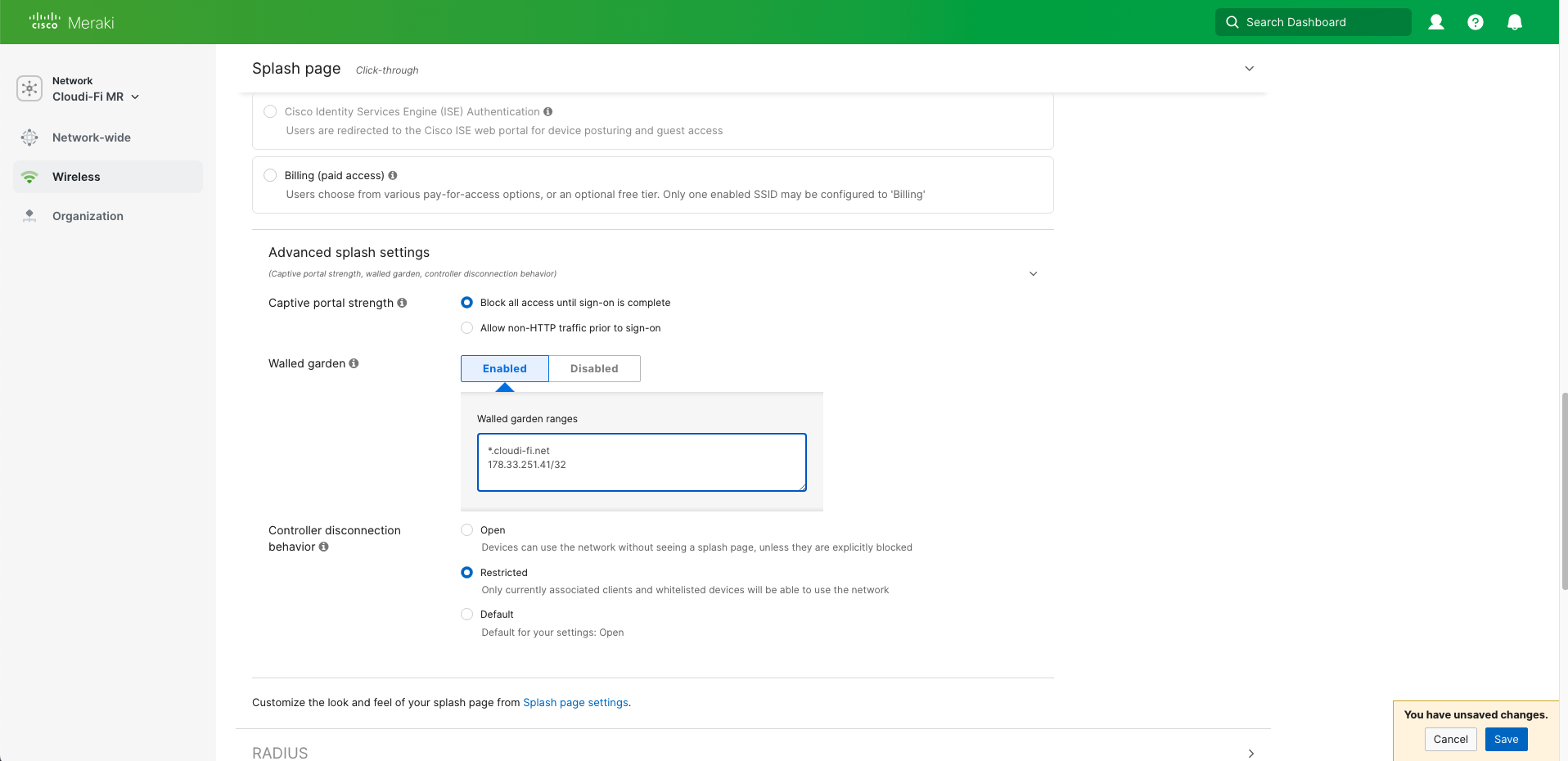 Meraki Advanced splash settings for Cloudi-Fi