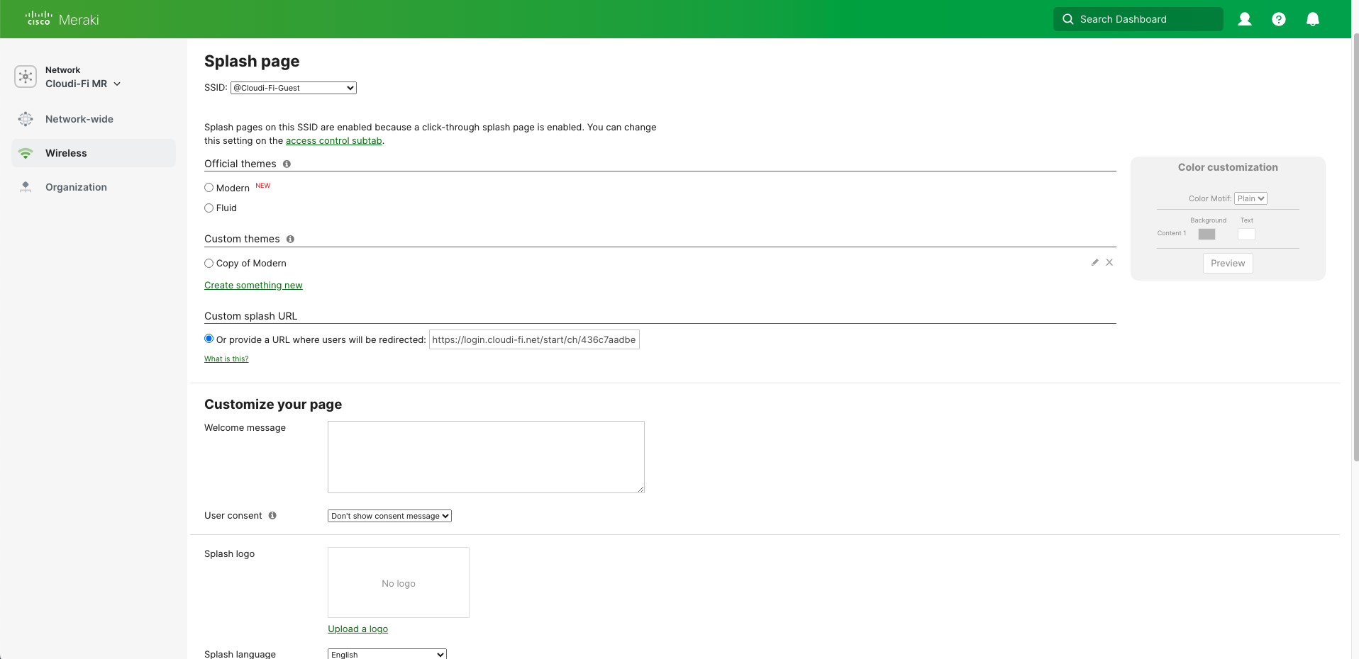 Cisco Meraki input the Splash page URL from the Cloudi-Fi