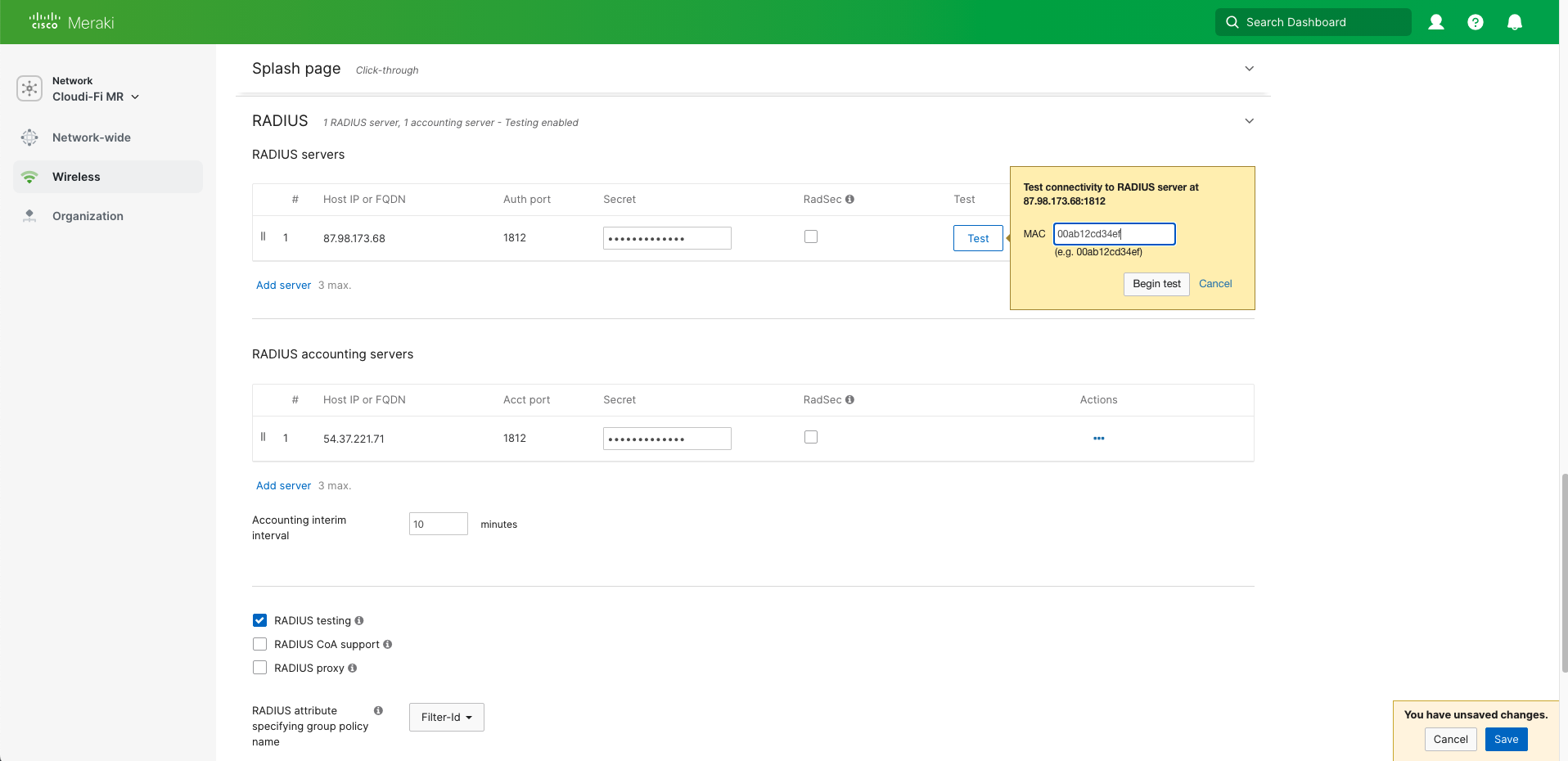 Cisco Meraki AAA radius test
