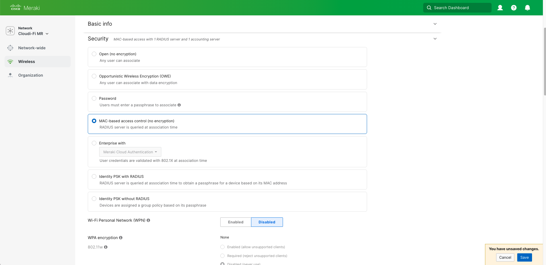 Meraki SSID configure MAC-based access control (no encryption)