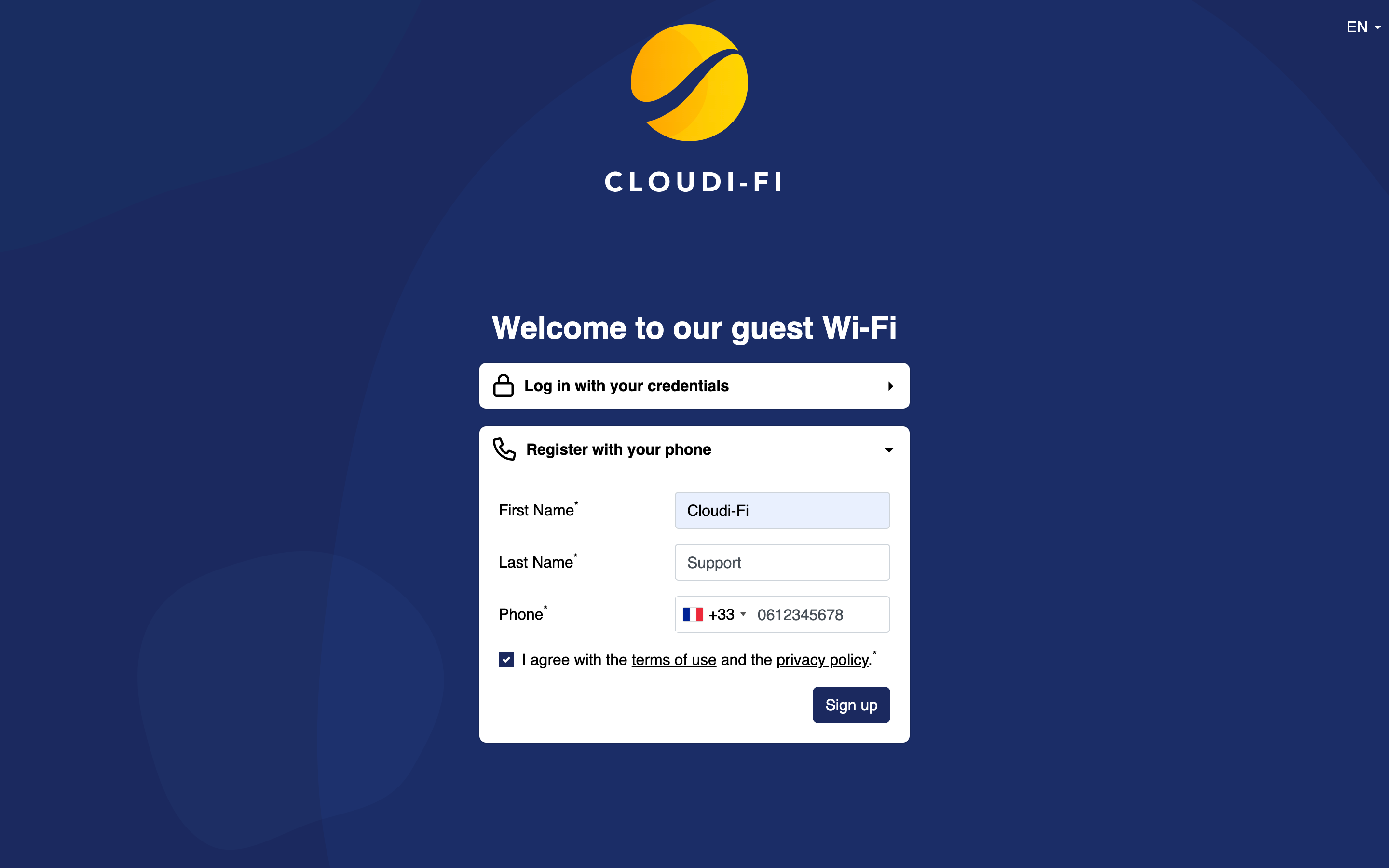 Cloudi-Fi captive portal - SMS authentication