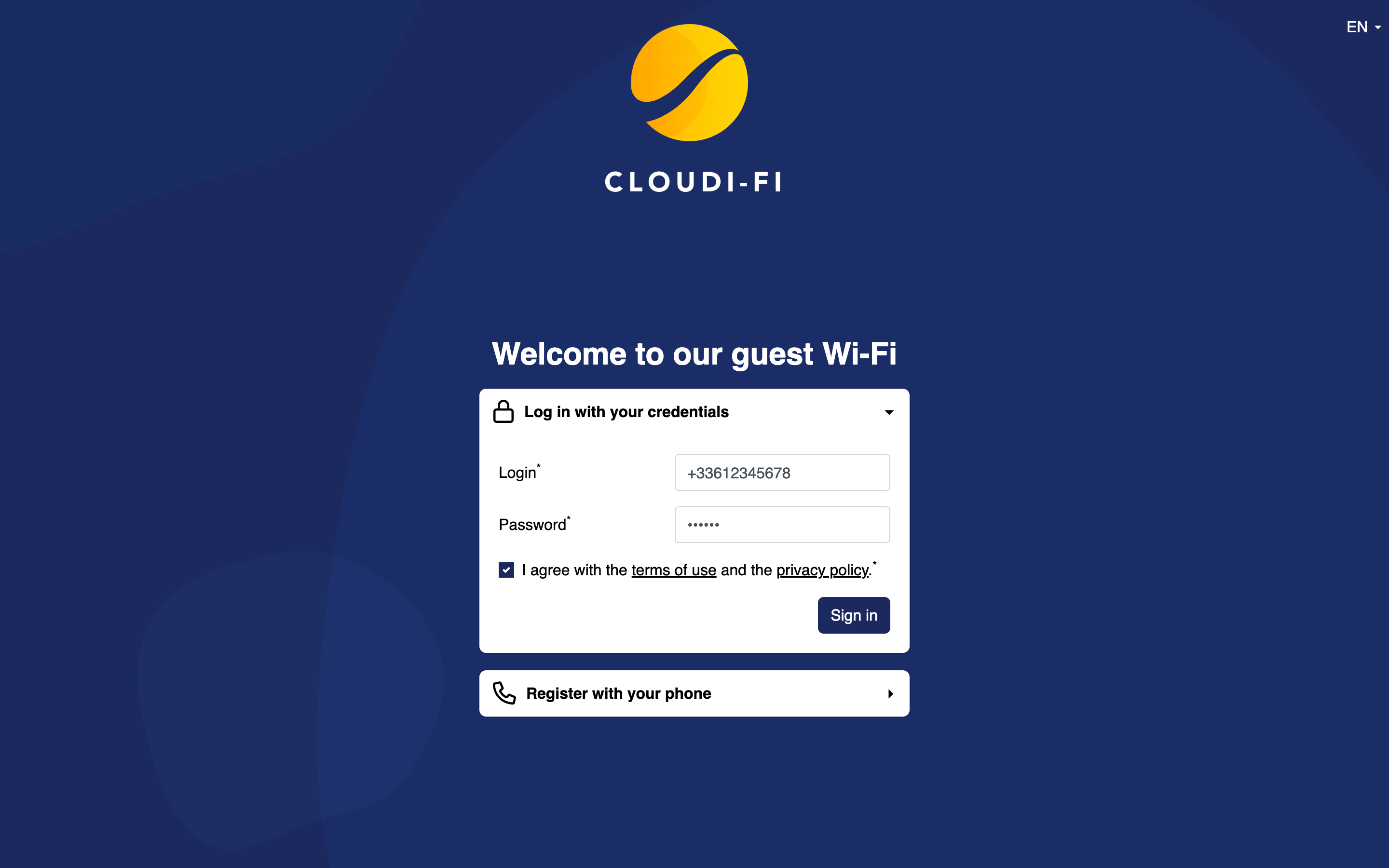 Cloudi-Fi captive portal - Log in with SMS