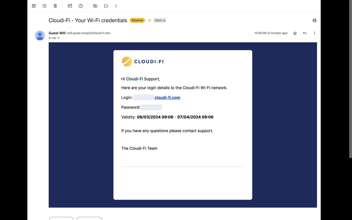 Cloudi-Fi credentials received after email registration