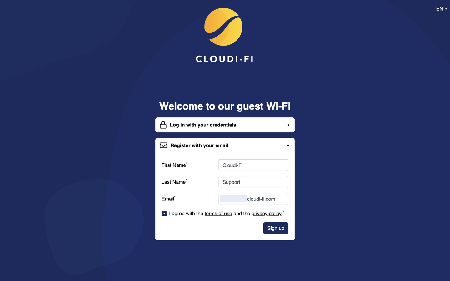 Cloudi-Fi captive portal email registration