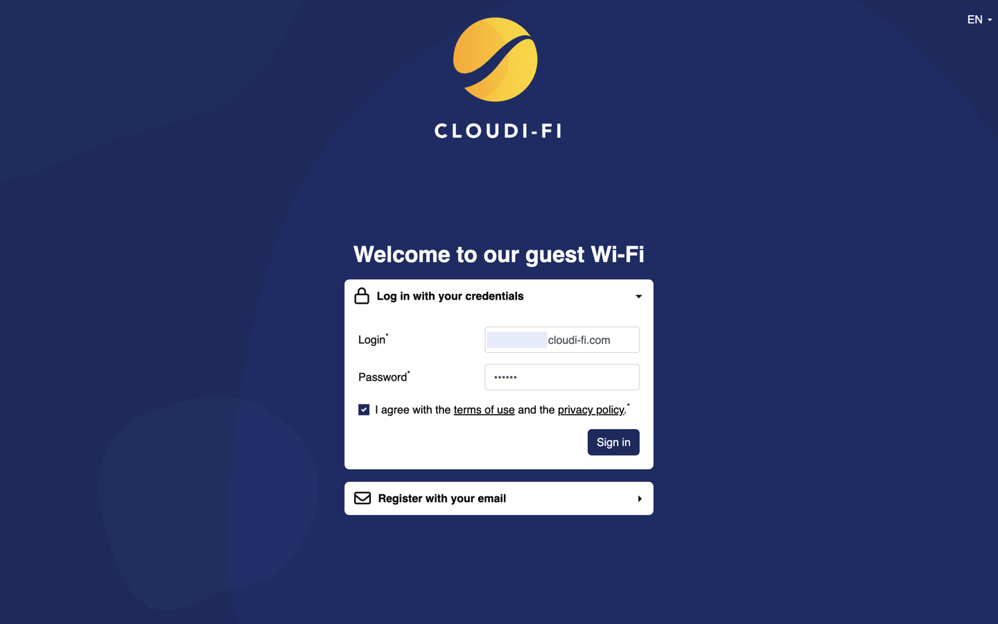 Cloudi-Fi captive log in with email registration