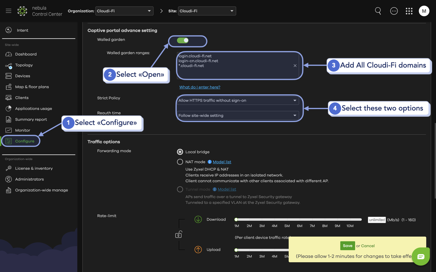 Zyxel Nebula - Integration with Cloudi-Fi_Configure walled garden and add cloudi-fi domains