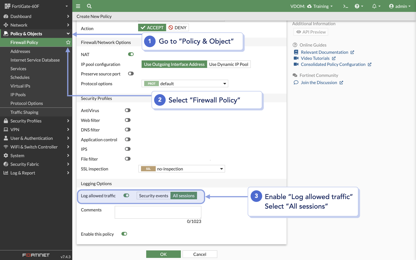 External Syslog server configuration in FortiOS Fortigate_ Enable syslog and select all sessions.png