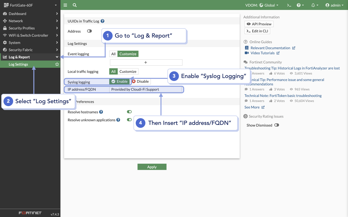External Syslog server configuration in FortiOS Fortigate_ Syslog activation and insertion of Cloudi-Fi IP:FQDN.png