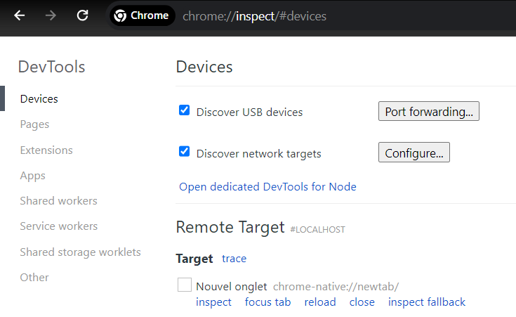 Remote target on Chrome inspect tool