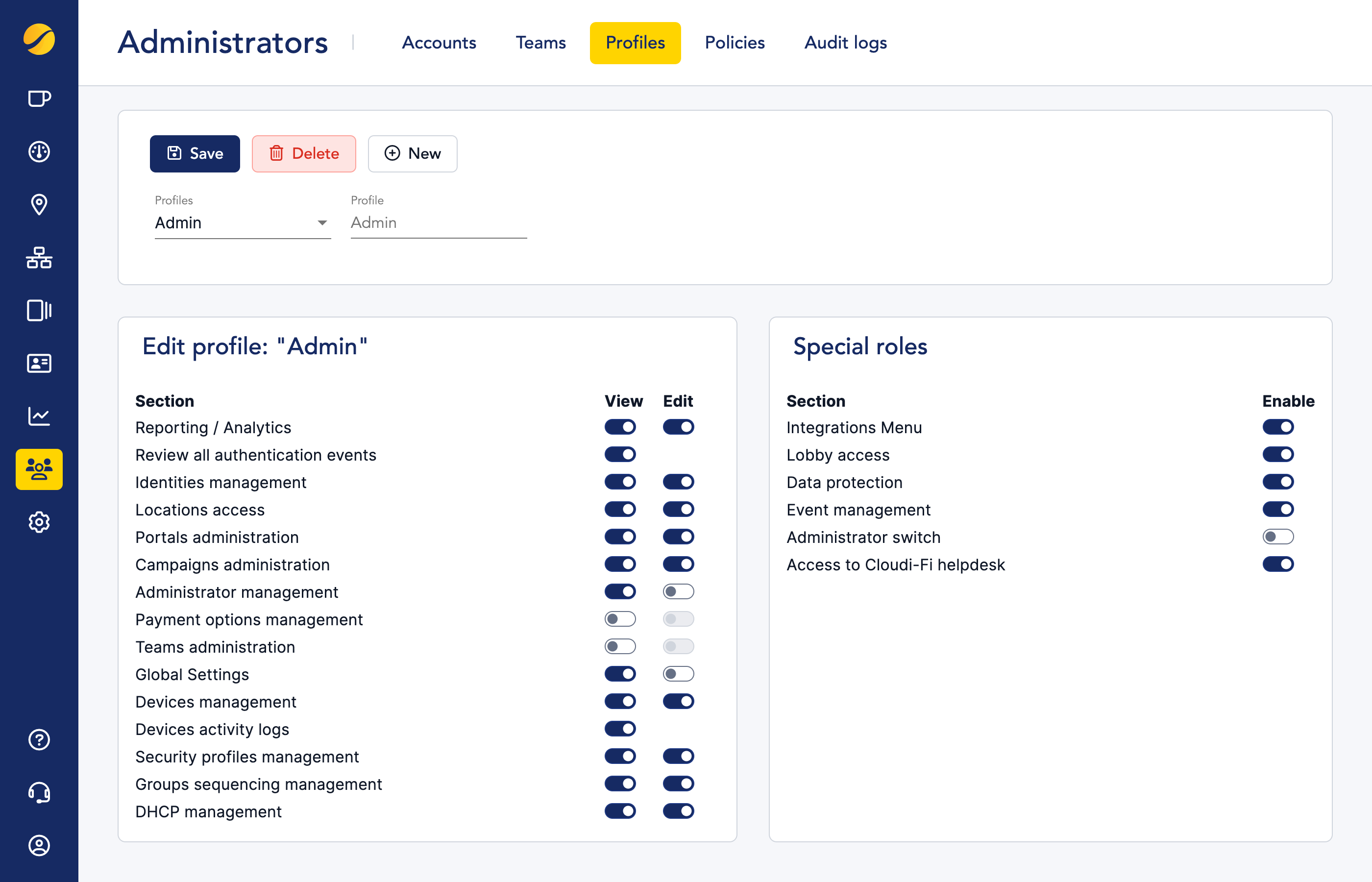 Cloudi-Fi Admin - Admin rights management
