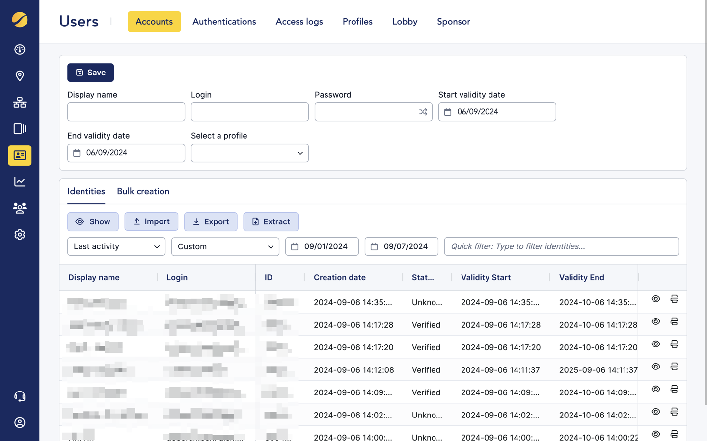 Cloudi-Fi admin console - User accounts list