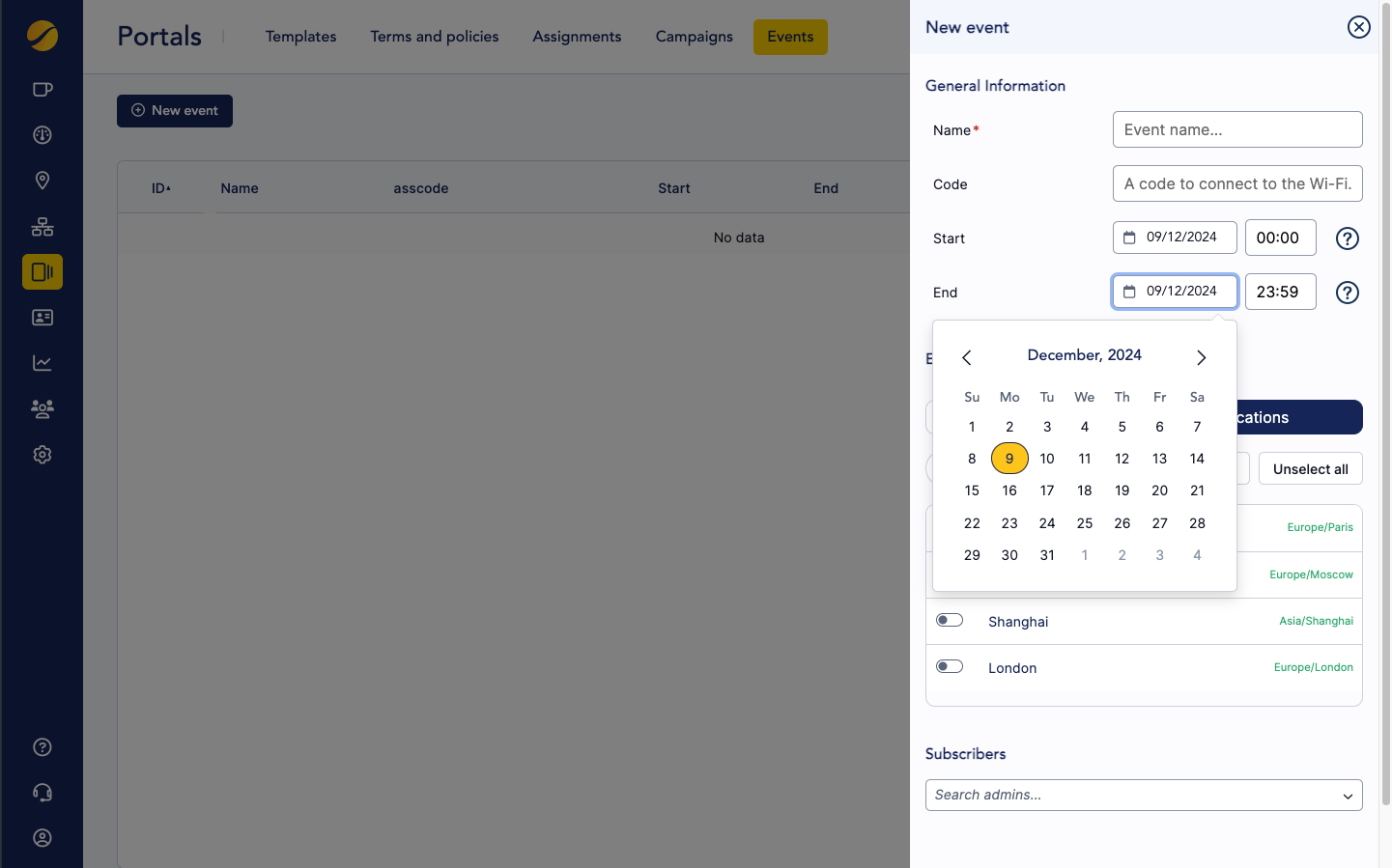 Cloudi-Fi events Date picker