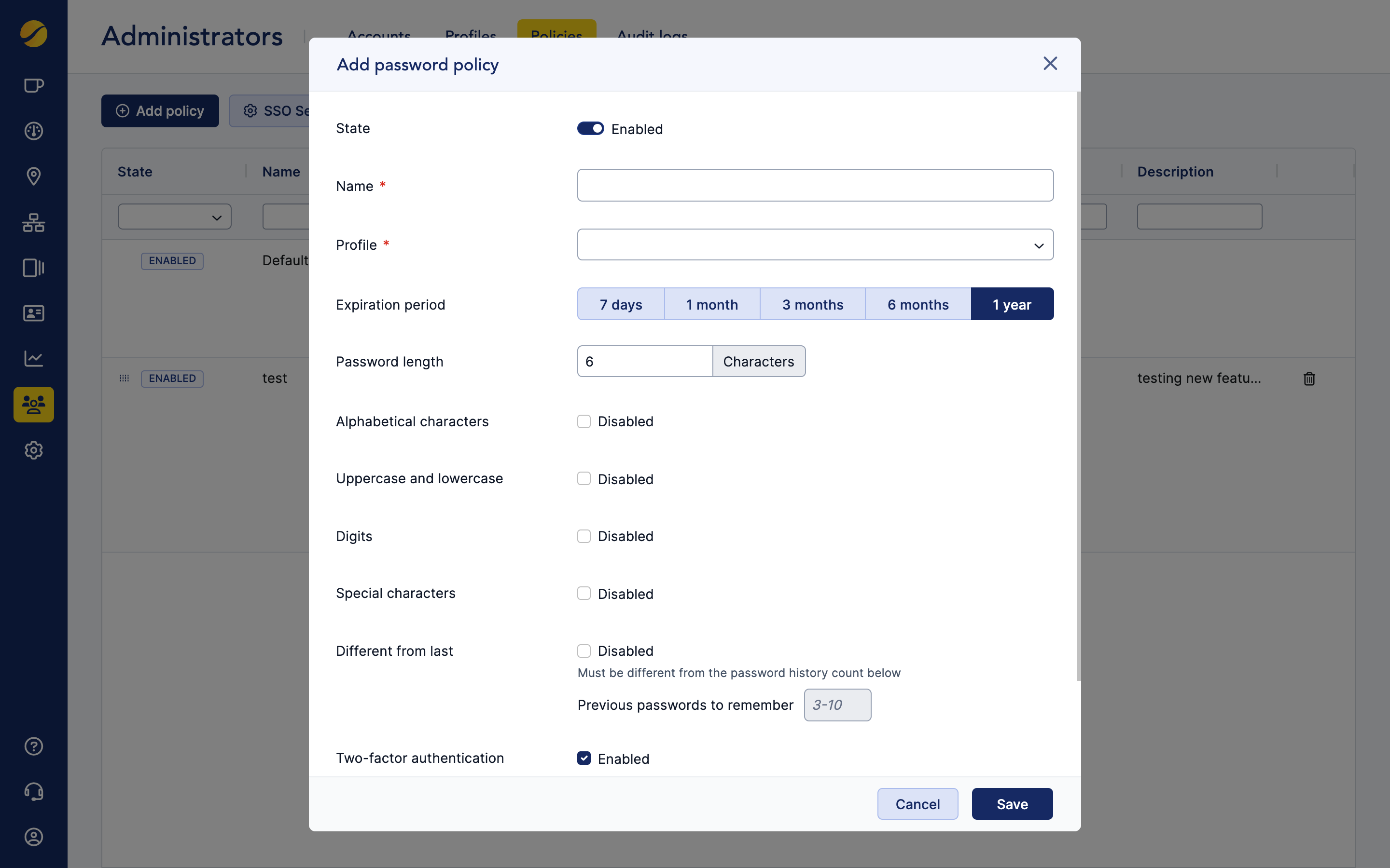 Cloudi-Fi add new password policy
