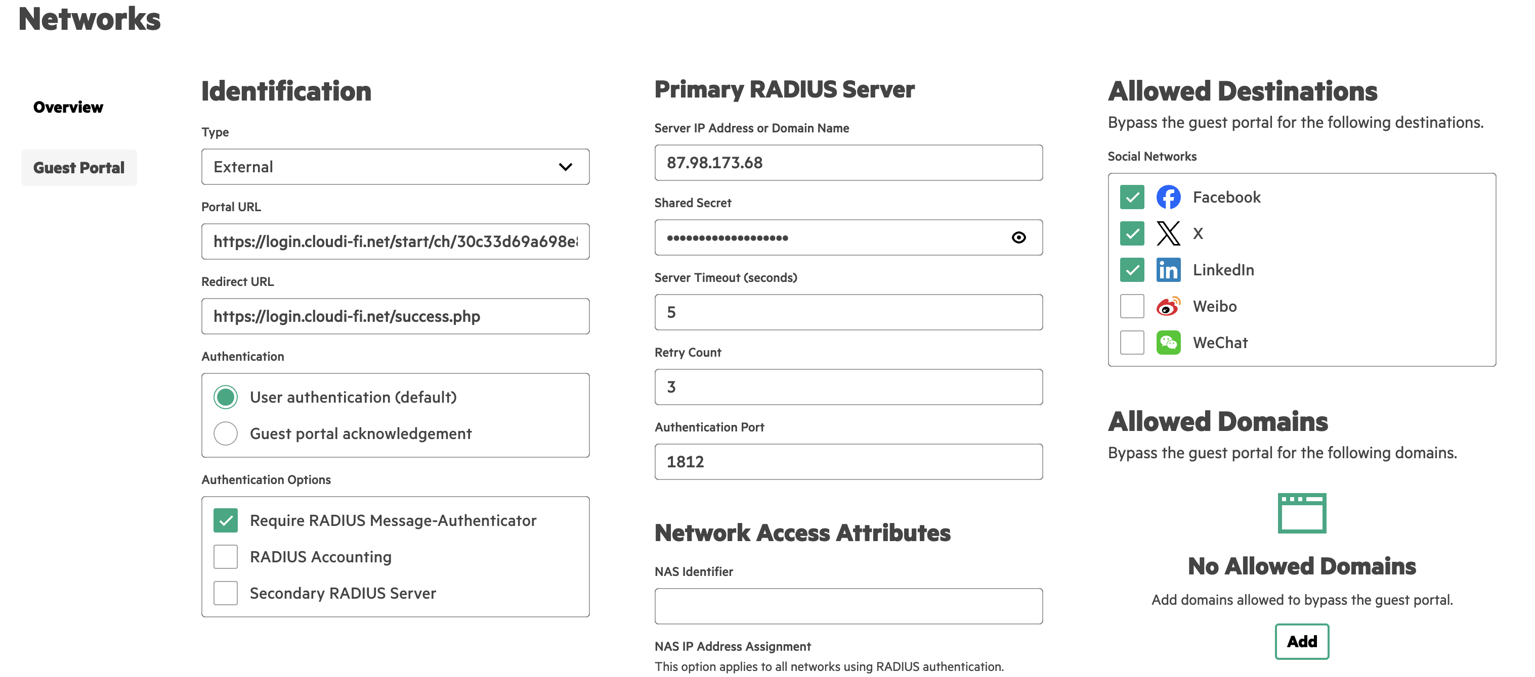 Aruba Instant On set  Cloudi-Fi captive portal url
