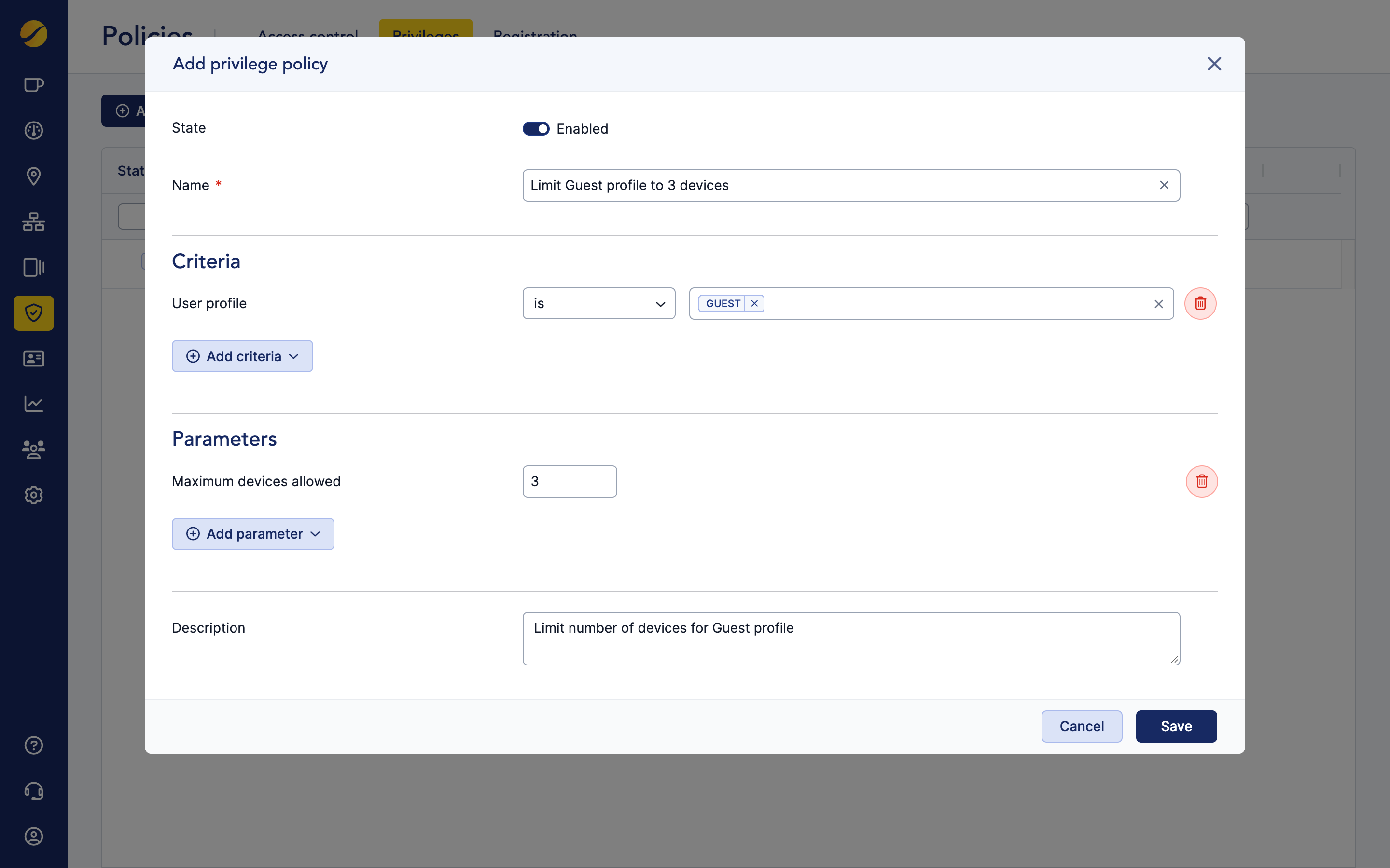 Cloudi-Fi console - Privileges policies