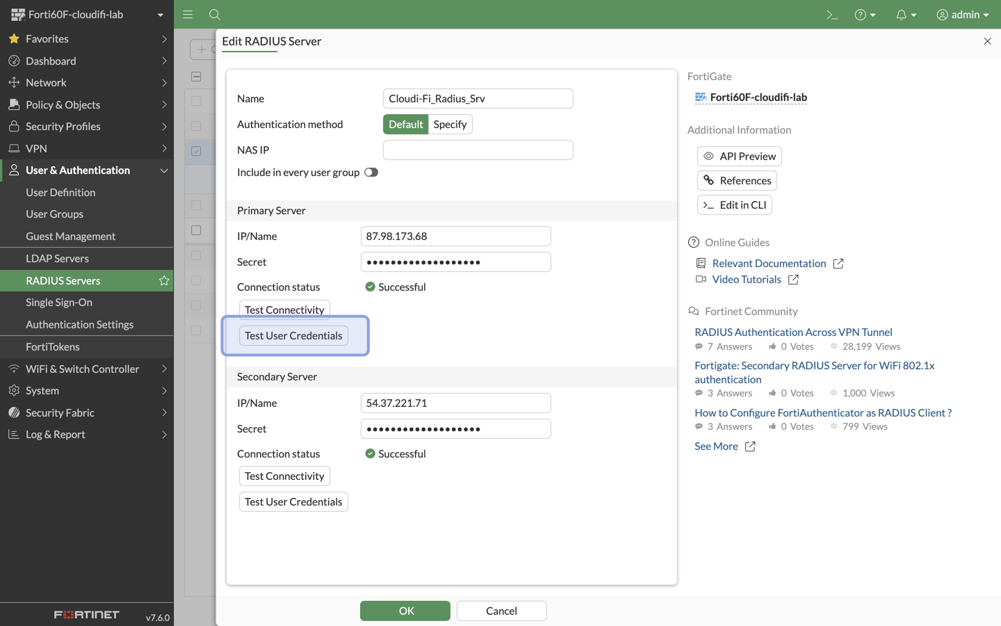 FortiGate UI - Test Radius Servers - Test User Credentials.png
