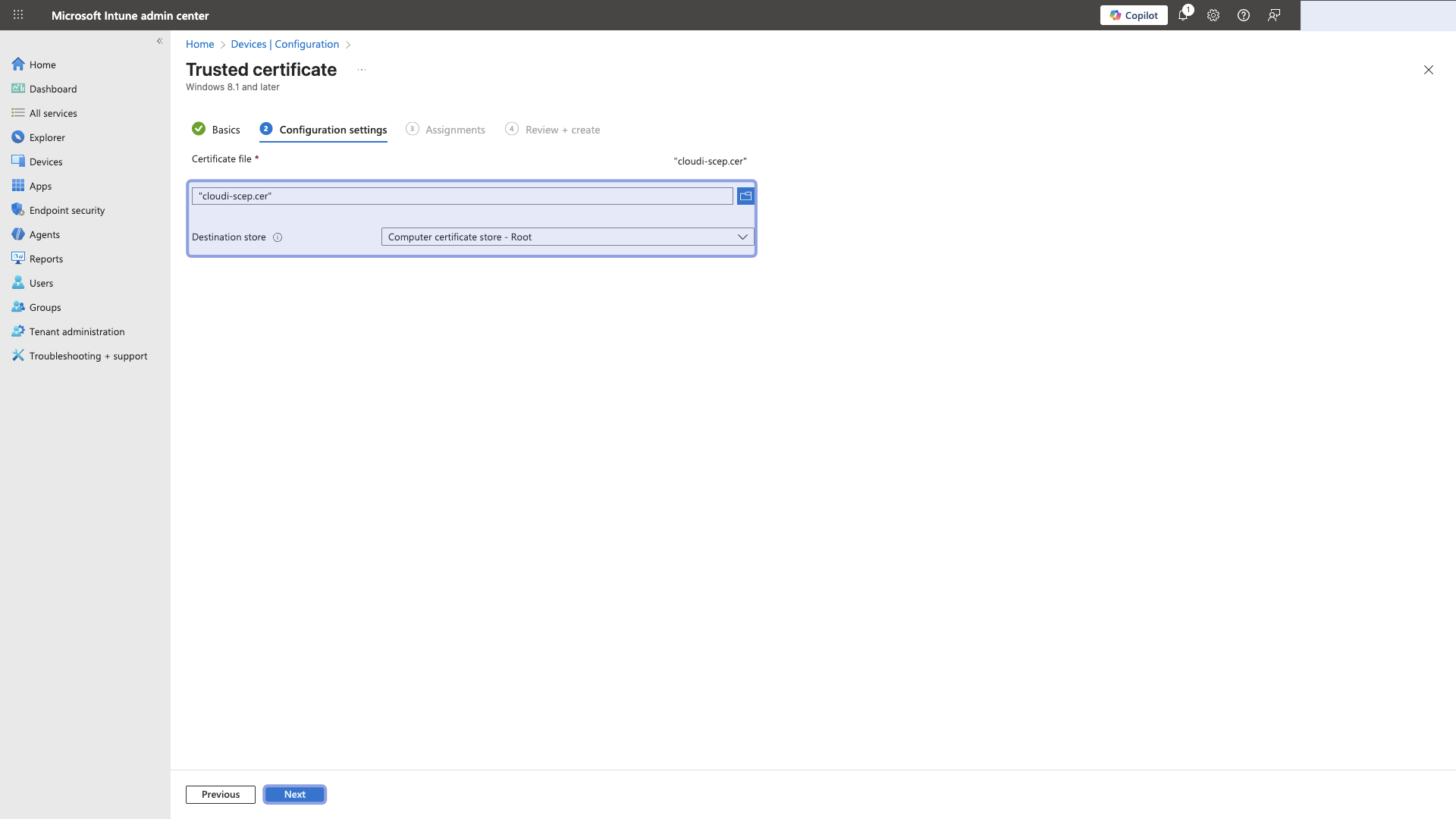 Microsoft Intune - device policy profile - import certificate file.png