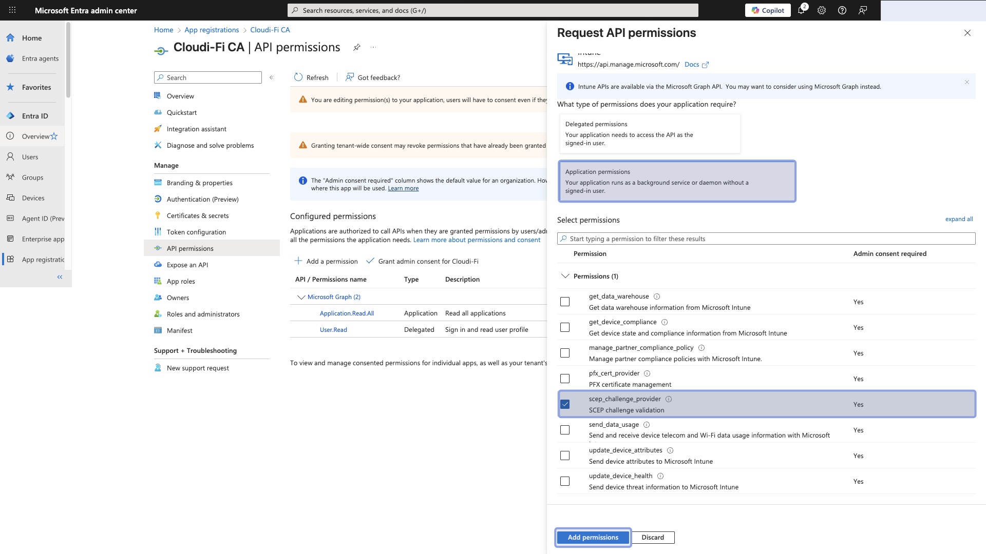 Microsoft entra - intune scep challenge provider permission.png