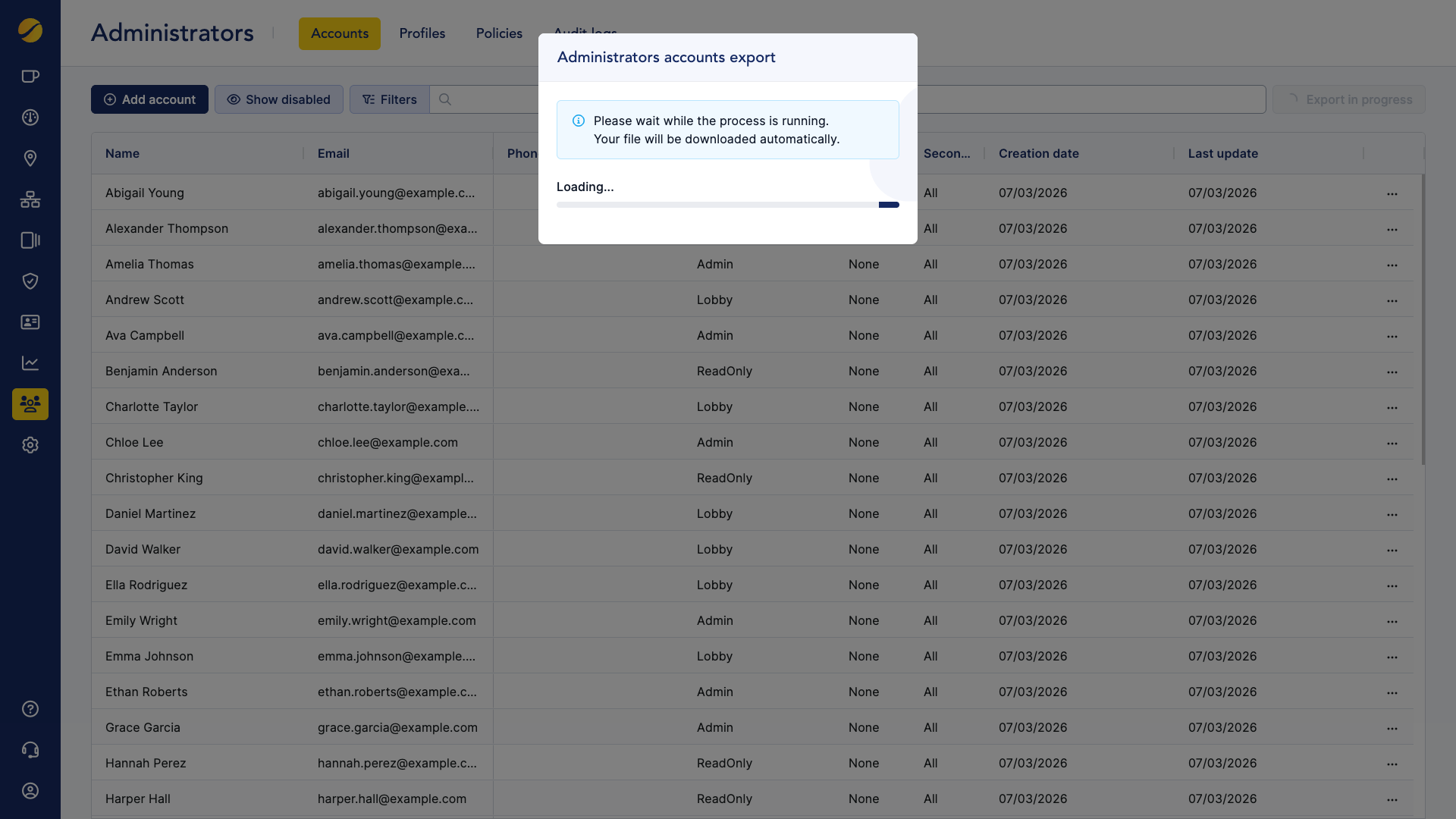 Cloudi-Fi admin UI - export adminstrators in progress.png