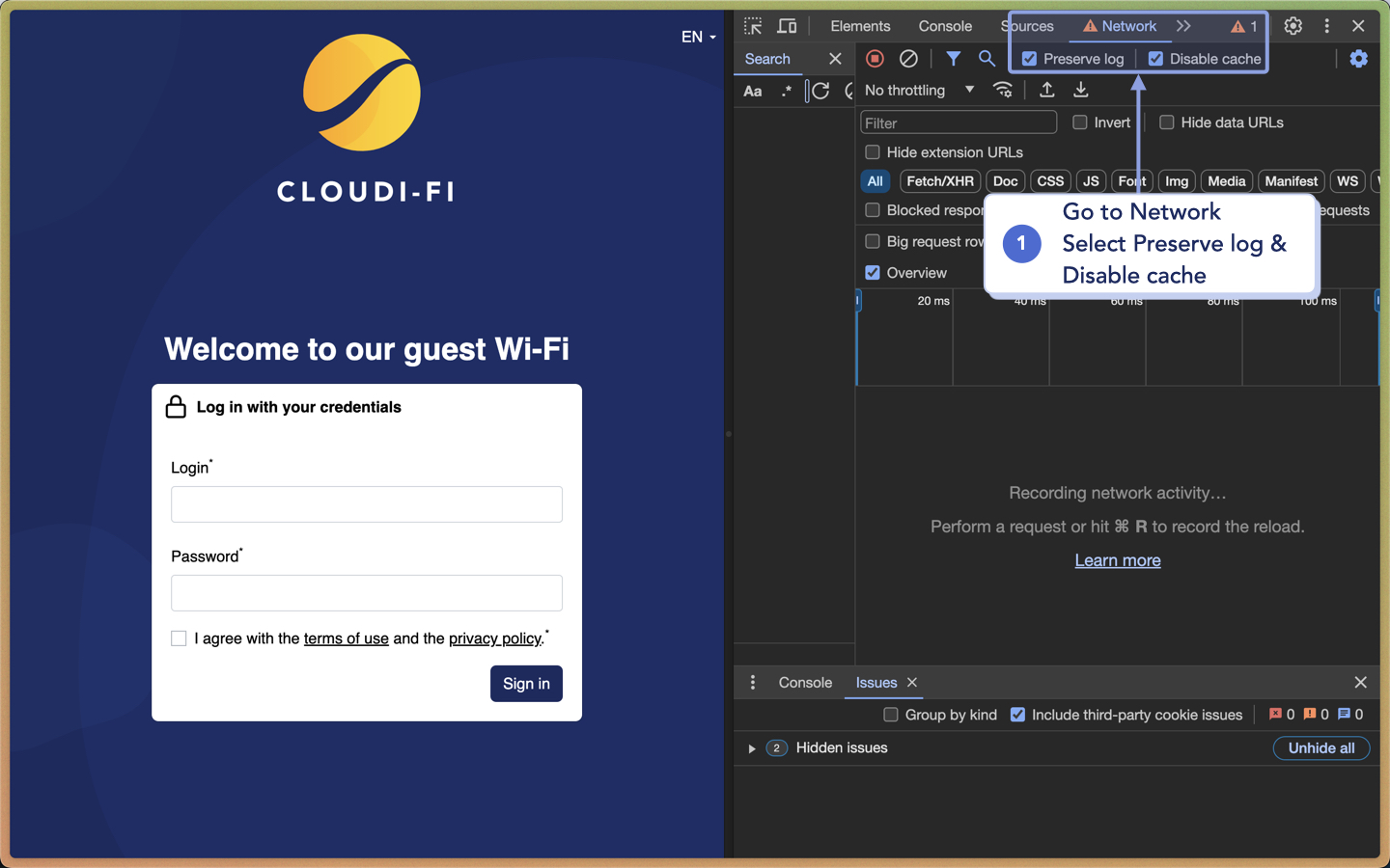 HAR Capture - Enable persist logs and disable cache options