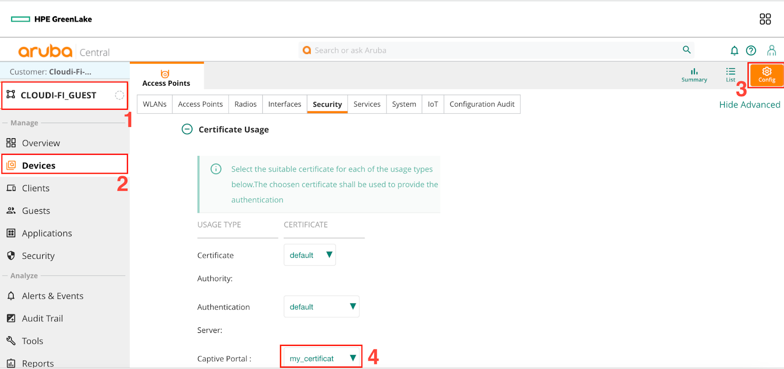 Aruba central - Apply HTTPS certificate for captive portal