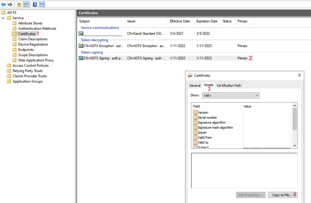 AD FS view certificate