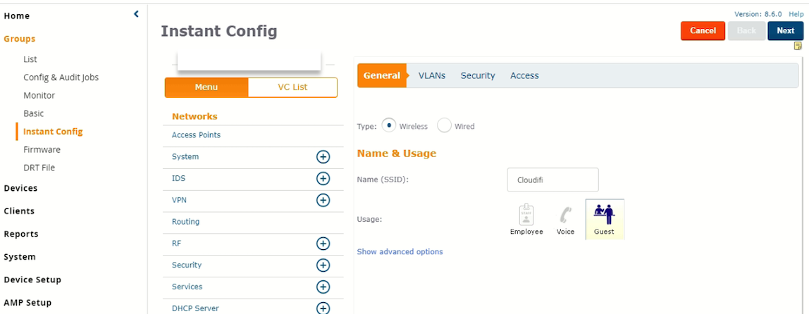 Aruba Airwave - Configure SSID with Captive portal
