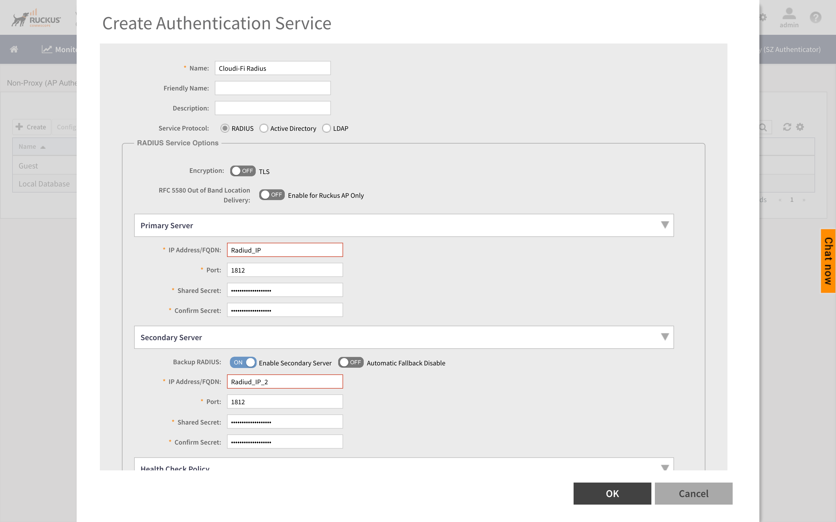 Ruckus Virtual SmartZone - Configure Radius Authentication service