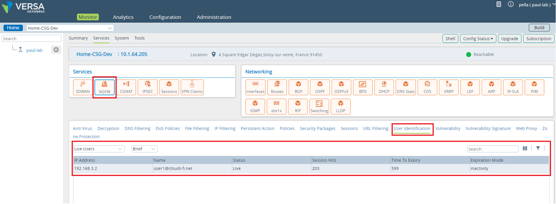 User identification profile in Versa CPE