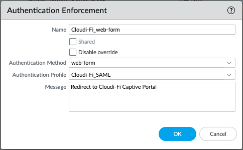 Palo Alo Create web form for the Authentication policy