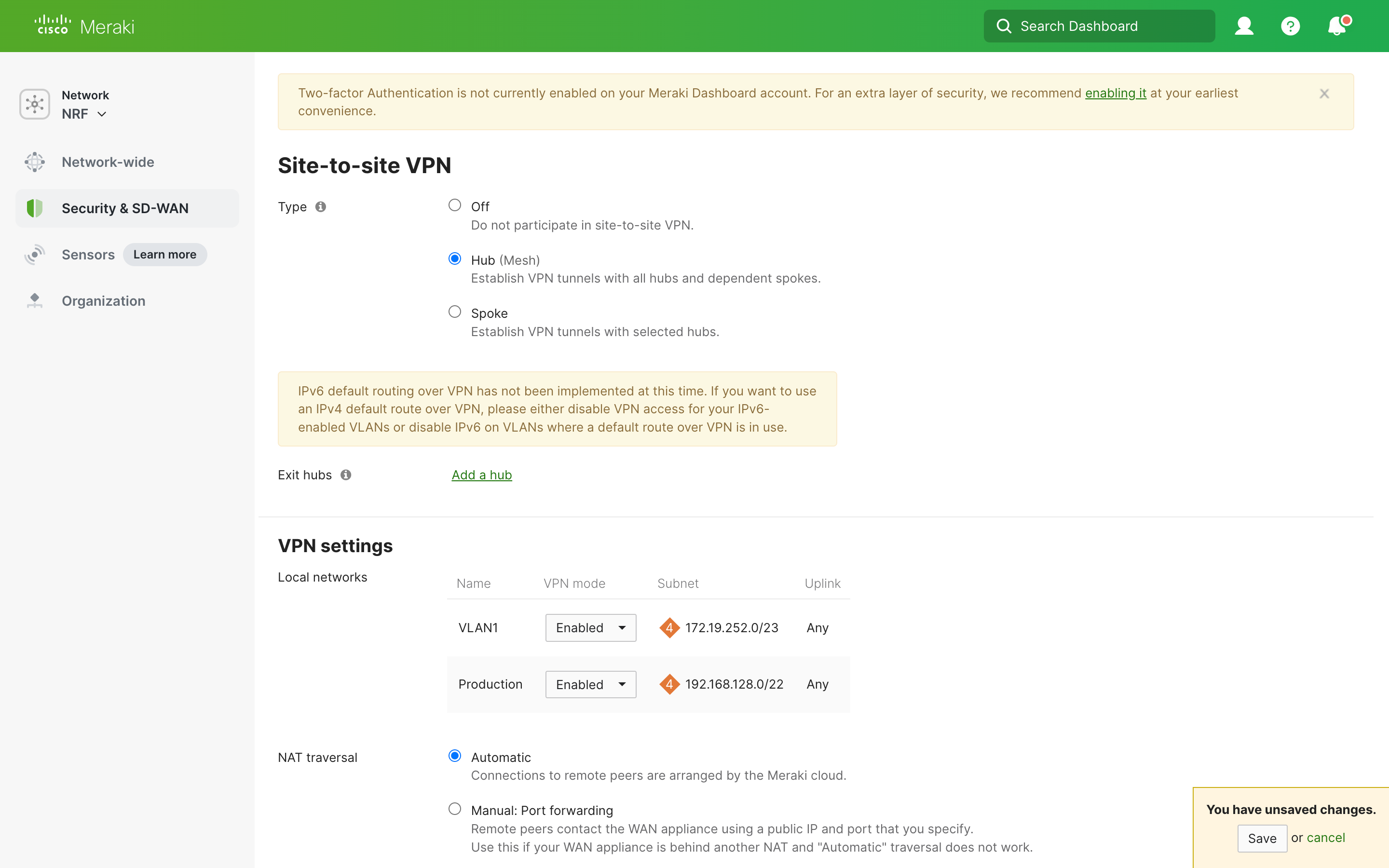 Meraki MX - Select subnets for VPN