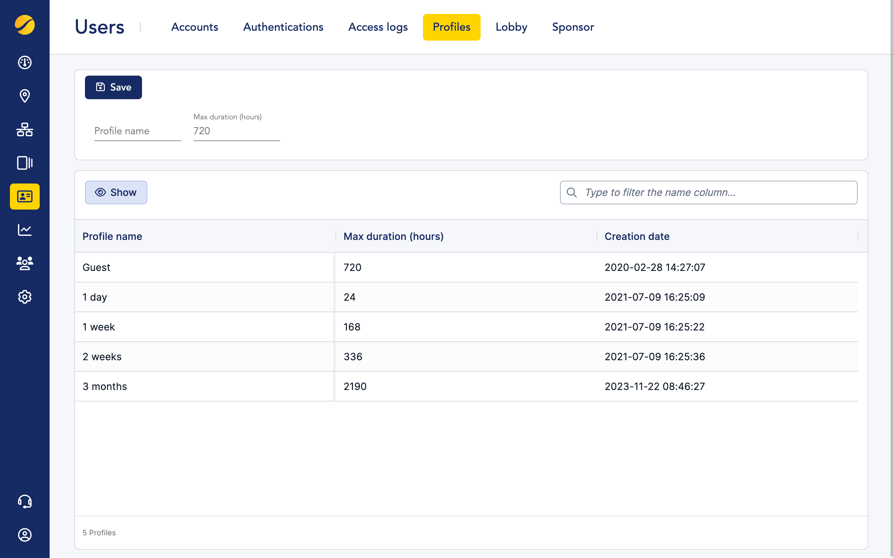 Cloudi-Fi admin console - Guest profiles list
